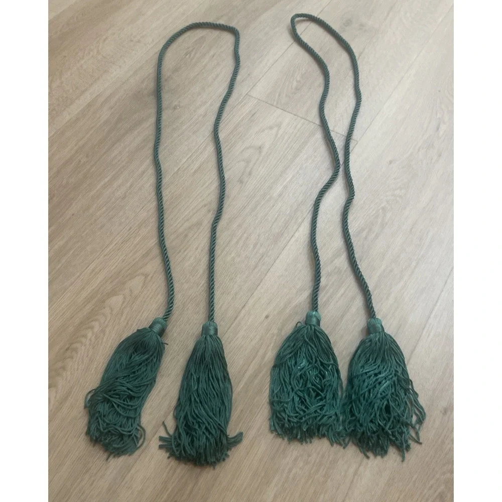 Vintage Set Dark Green Curtain Drape Rope & Tassel Tie Backs MCM